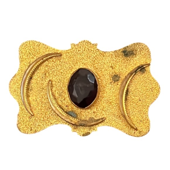 Antique Victorian Gold Plated Amethyst Crystal Stone Brooch W Crescent Moons - Picture 3 of 8